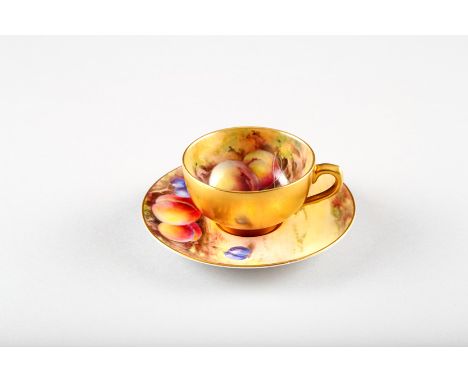 Royal Worcester coffee cup and saucer, decorated with hand painted fallen fruit, signed W Hale and Ano 