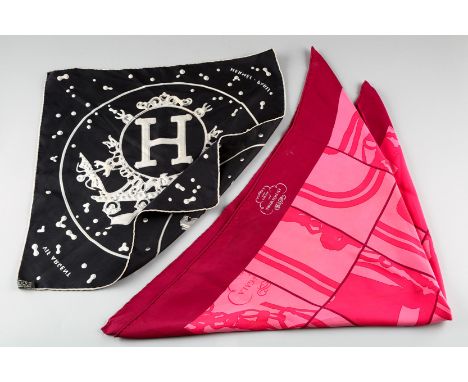 Two ladies silk scarves by Hermes, Paris, square shaped ‘Brides Gala’ Endesordre par Hermes, Paris 64cm x 64cm and a monochro