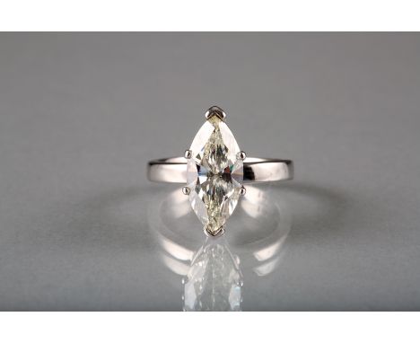 Ladies 18 carat white gold solitaire diamond ring, the diamond is 15mm x 7mm marcasite shape, approx. 3.5carats colour K/L an