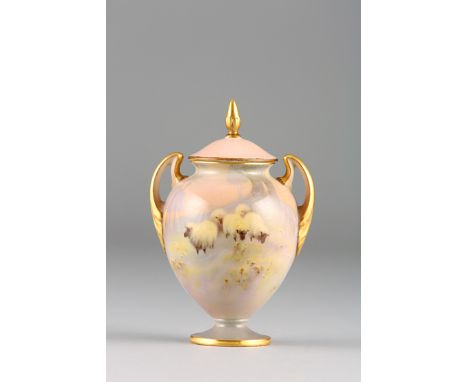 Royal Worcester vase and cover No. 2701, decorated with hand painted with sheep and sunset, signed Harry Davis, date coded 19