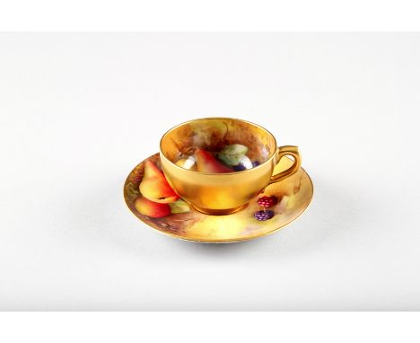 Royal Worcester coffee cup and saucer, decorated with hand painted fallen fruit, signed H Eyerett 