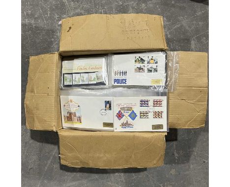 A collection of stamps and first day covers, including London Landmarks, Queen Mother memorial, Police, Elections to European