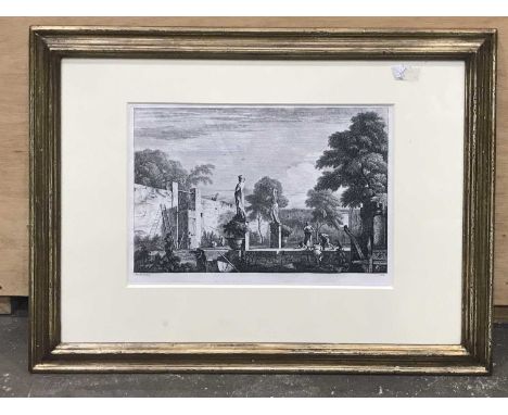 Marco Ricci (1676 - 1730), etching on paper, a walled garden with statues and gardeners at work, monogrammed within the plate