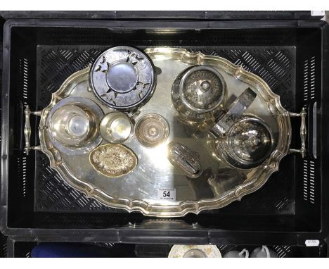 An collection of electroplate including an oval twin handled tray, piecrust rim on hoof feet, a Ronson table lighter, Viners 