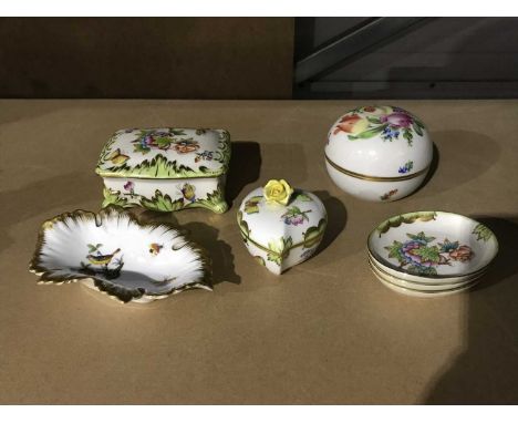 A Collection of Herend dressing table wares, including a leaf form trinket box and cover with rose finial, square form exampl