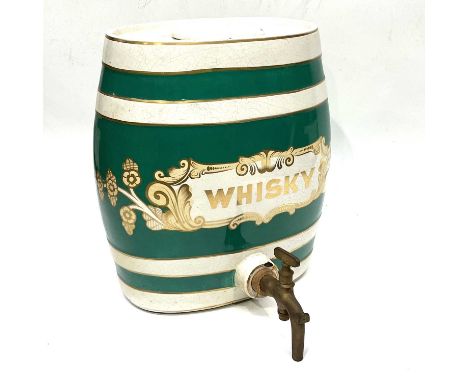 A vintage ceramic whisky barrel, green bands, gilt border, and lettering, with cover, 34cm high (s.d)