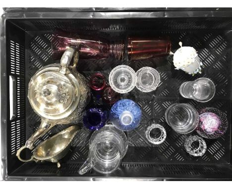 A collection of glassware, including Caithness paperweights, Dartington commemorative tankard, ruby glass beaker,. etc, toget