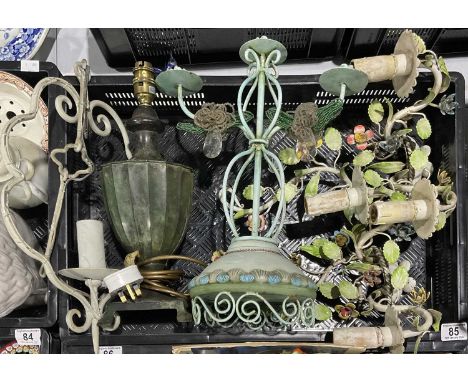 A pair of Italian painted metal wall light brackets, decorated with flowers and leaves, a metal hanging light fitting and a c