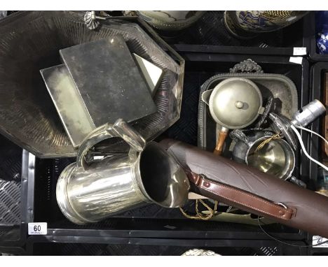 An electroplated pedestal basket, octagonal form with angular swing handle, three plated picnic boxes, a chromed metal jug, a