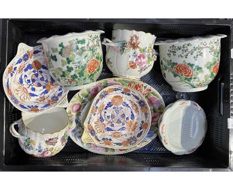 A Collection of 19th century English and Continental ceramics, including a pair of floral painted twin handled cache pots, bl