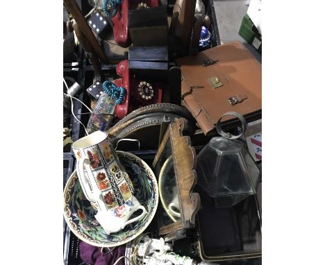 A Victorian mahogany framed toilet mirror, a set of oak bellows, a vintage style telephone, a Mybelle spotlight telephone, a 