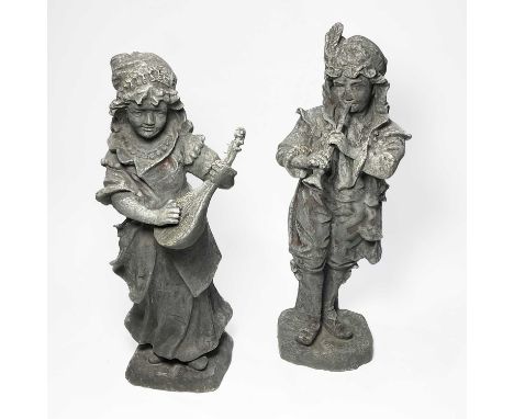 Two lead statues, modelled as musicians: a woman playing a lute, W: 17 cm D: 20 cm H: 55 cm; and a man playing a flute, W: 16