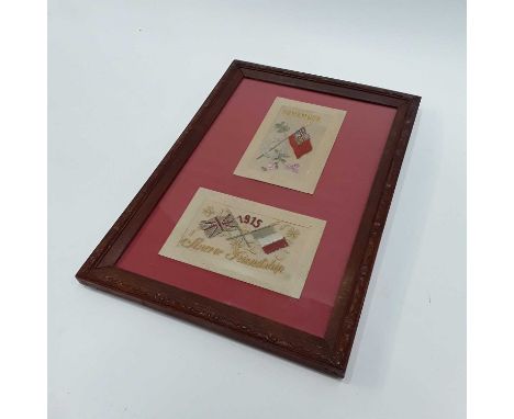 Two First World War silk-work postcards, framed, together with a framed set of four clergy stoles