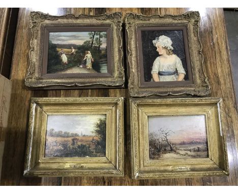 Four various 19th Century oil paintings, including a pair of landscapes in winter and spring, a landscape with figures conver