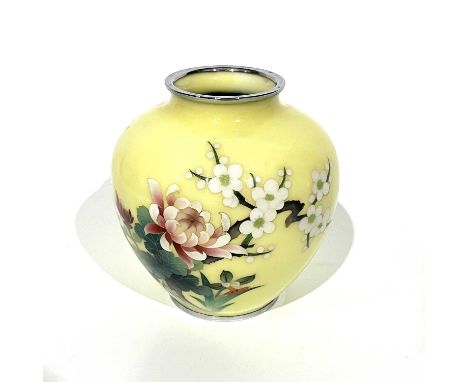 A Japanese cloisonne enamel vase, yellow ground, peony design, chromed rims