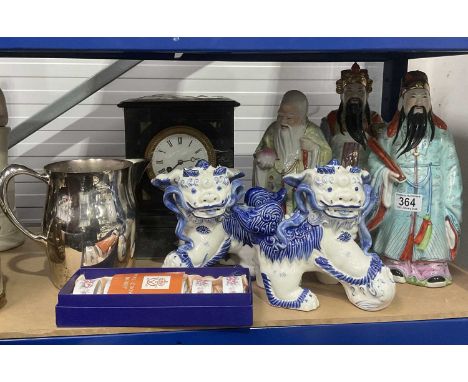 Chinese porcelain figures of Immortals together with Royal Crown Derby napkin rings, Paul Revere design silver plated water p