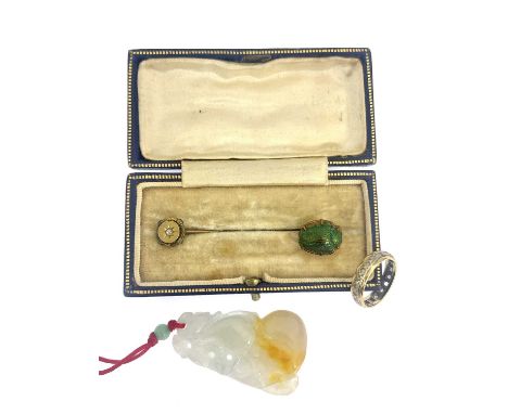 Two stickpins, a ring and a jade pendant
