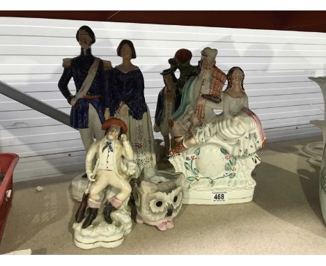 Four Staffordshire flatback figures, Princess Royal and Prince William Frederick of Prussia, Welsh Shepherds, Highlander cloc