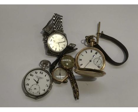 A Waltham full hunter pocket watch, with gold plated Dennison case, a silver cased pocket watch, two 9ct gold cased ladies wr