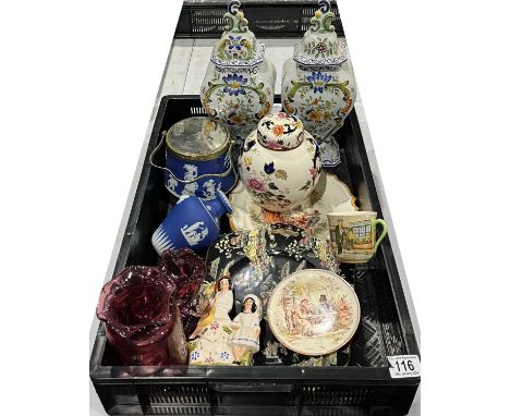 A collection of ceramics and glassware, to include a pair of faience vases, lidded baluster form, painted with flowers and le