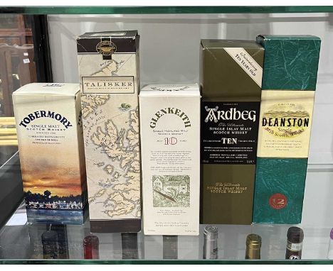 Five bottles of cased whisky, including Tobermory Single Malt Whisky, 70cl; Glenkeith Single Highland Malt Scotch Whisky, age