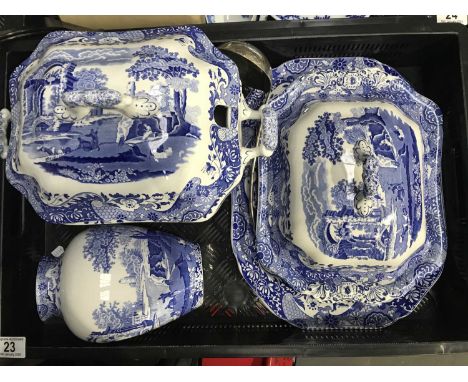 A Spode blue and white Italian pattern soup tureen and cover, octagonal footed form, together with a similar serving dish and