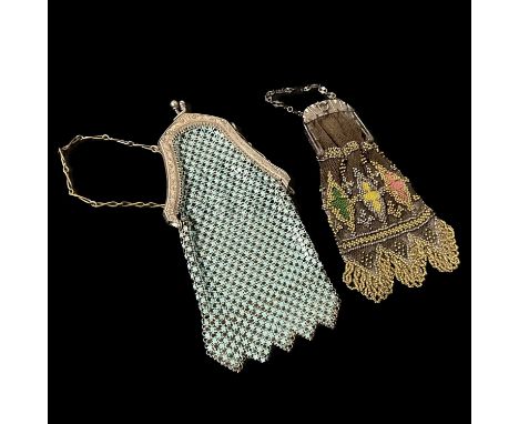A chainmail purse, late 19th/early 20th Century, bright cut engraved white metal mount, turquoise and black enamel pouch, 14c