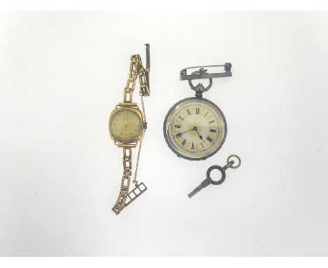A 9ct gold Everite bracelet watch and a silver enamel fob watch