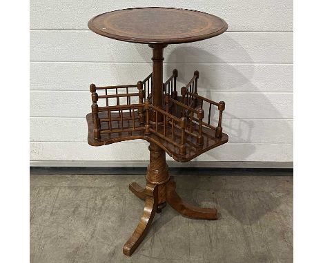 A late Victorian burr walnut and crossbanded bookcase table, with a revolving display section, on tripod supports W: 41 cm H: