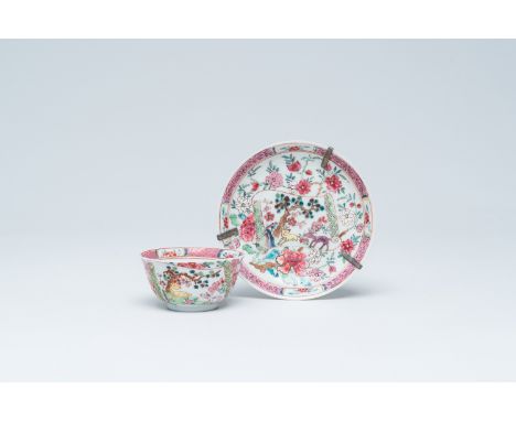 Full title: A Chinese famille rose cup and saucer with a scroll with deer in a landscape and floral design, YongzhengDescript