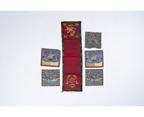Full title: A varied collection of Chinese silk embroideries, a.o. five rank badges, 19th/20th C.Description:121 x 34 cm (the