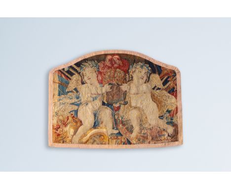 Full title: A fragment of a French wall tapestry with two angels and trophies, ca. 1700Description:100,5 x 80 cm