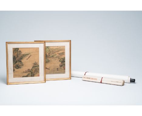 Full title: Chinese school: Two animated river landscapes, flowers and birds among fruit branches, ink and colours on silk an