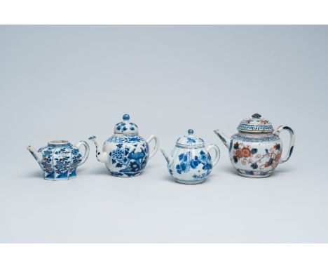 Full title: Four Chinese blue, white and Imari style teapots and covers with floral design, Kangxi and laterDescription:H 13 