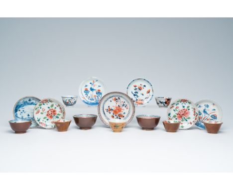 Full title: A varied collection of Chinese blue, white, famille rose, famille verte and Imari style cups and saucers, Kangxi/