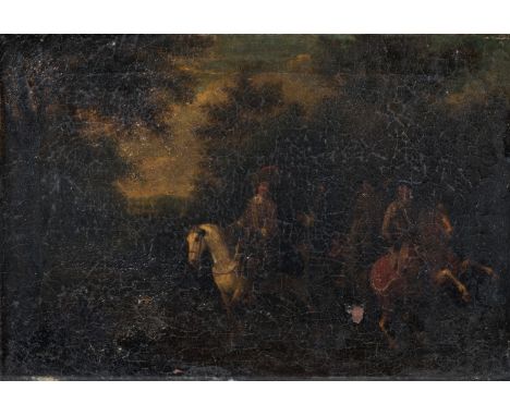 Full title: Dutch school: Hunting company in a landscape, oil on canvas, ca. 1700Description:Work: 42,5 x 29,2 cm   Provenanc