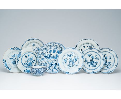 Full title: Eight Chinese blue and white plates and a bowl with floral design and figures in a landscape, Kangxi/QianlongDesc