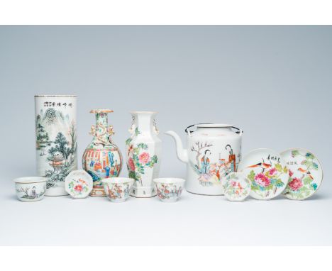 Title: A varied collection of Chinese famille rose and qianjiang cai porcelain, 19th/20th C.Description:H 28 cm (the hat stan