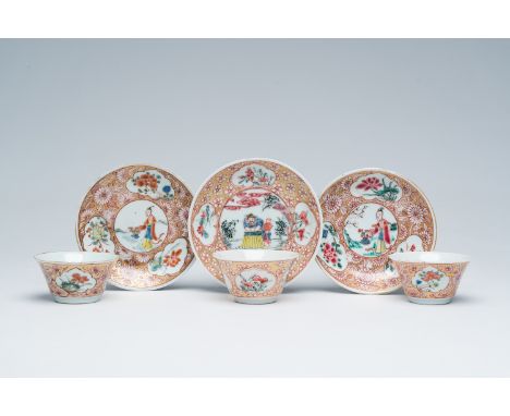 Full title: Three Chinese gilt ground famille rose cups and saucers with floral design and figures in a landscape, Yongzheng/