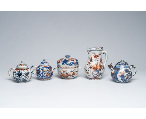 Full title: Three Chinese Imari style teapots, a silver mounted ewer and a covered bowl with floral design, KangxiDescription