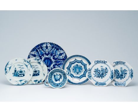 Full title: Six blue and white Delftware plates and a porringer, England and The Netherlands, 18th C.Description:Dia: 22 cm (