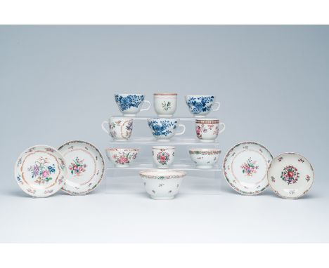 Full title: A varied collection of Chinese famille rose, blue and white cups, saucers and bowls with floral design, QianlongD