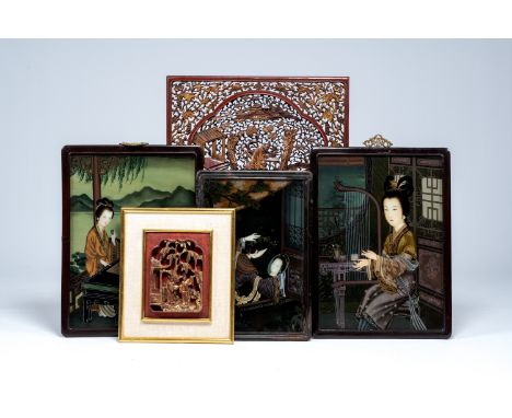 Full title: Three Chinese reverse glass paintings with ladies and two reticulated lacquered and gilt wood panels, 19th/20th C