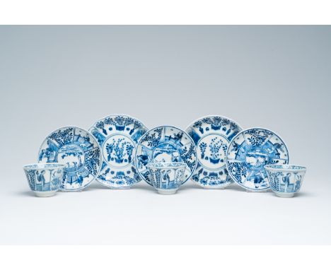 Full title: Five Chinese blue and white saucers and three cups, 19th C.Description:Dia.: 15,3 - 12,7 cm (the largest and the 