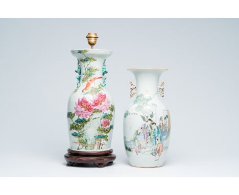 Full title: Two various Chinese qianjiang cai vases, one of which mounted as a lamp, 19th/20th C.Description:H 58,7 - 42,5 cm