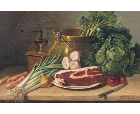 Full title: Victor Carabain (1863-1942): Still life with coffee grinder, copper kettle, vegetables and meat, oil on canvasDes