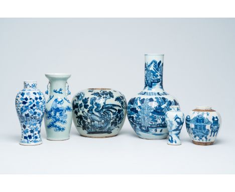 Full title: Four various Chinese blue and white vases and two jars, Kangxi and laterDescription:H 33 - 14 cm (the tallest and