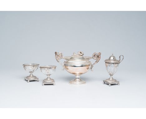 Full title: A French Neoclassical silver sugar bowl with floral relief design, maker's mark I.M., two salts and a jam pot, 19