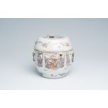 A Chinese famille rose jar and cover with figurative design, 19th C.