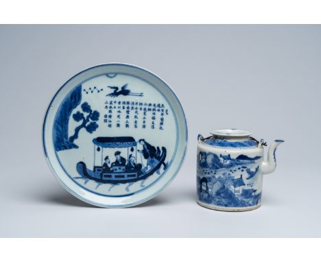 Title: A Chinese blue and white Vietnamese market 'Bleu de Hue' teapot and cover and an 'Immortals' dish, 19th C.Description: